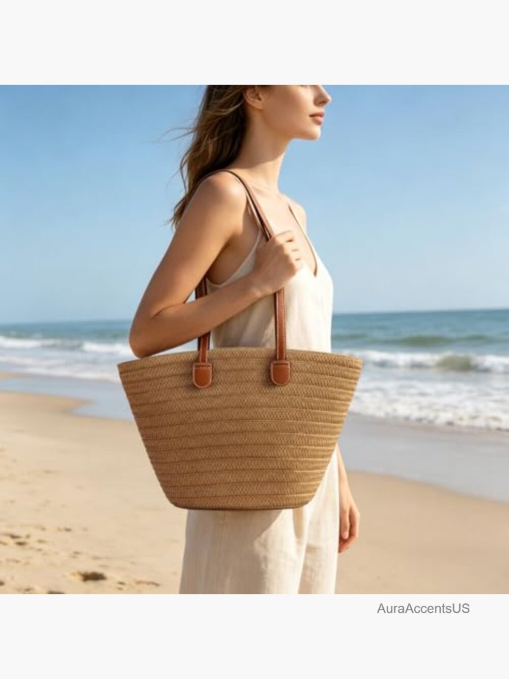 Large Woven Straw Beach Tote, Zippered with Leather Straps, Summer Handbag - Picture 3 of 7